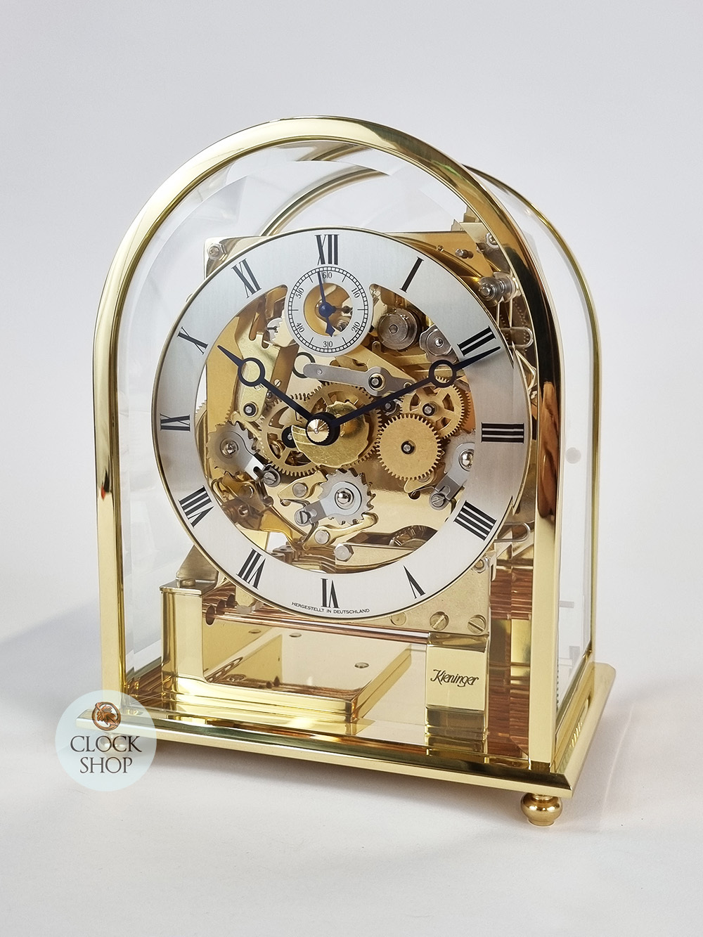 20cm Polished Brass Mechanical Skeleton Table Clock With Triple Chime By KIENINGER image
