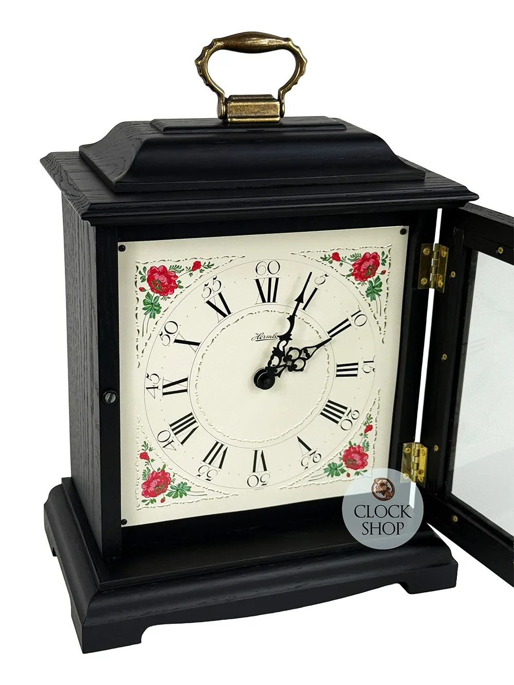 33cm Black Battery Mantel Clock With Westminster Chime & Vintage Floral Dial By HERMLE image