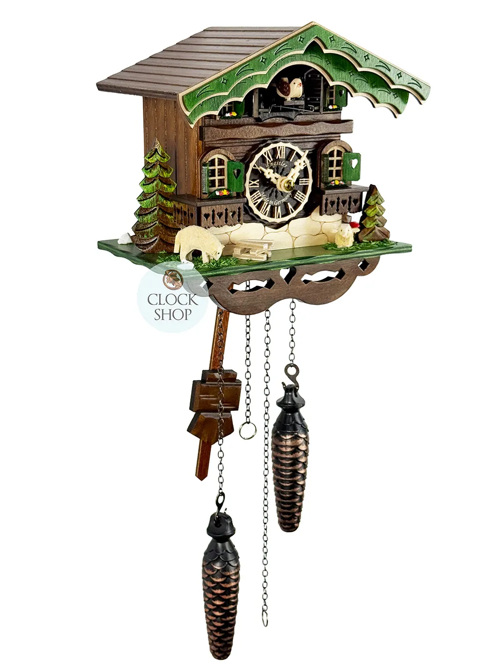 Sheep Battery Chalet Cuckoo Clock With Green Roof 18.5cm By ENGSTLER image