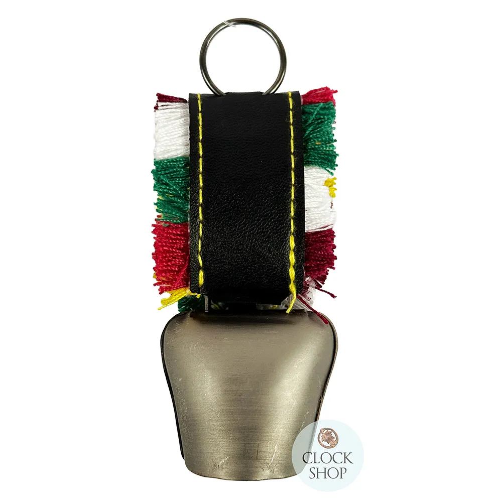 10cm Grey Cowbell With Painted Alpine Flowers & Fringed Black Leather Strap image