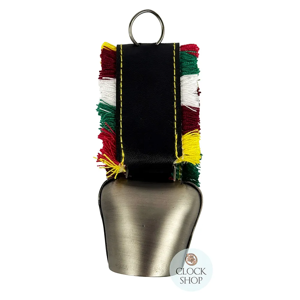 12.5cm Grey Cowbell With Painted Alpine Flowers & Fringed Black Leather Strap image
