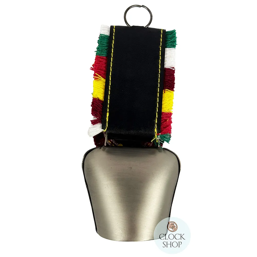 15.5cm Grey Cowbell With Painted Alpine Flowers & Fringed Black Leather Strap image