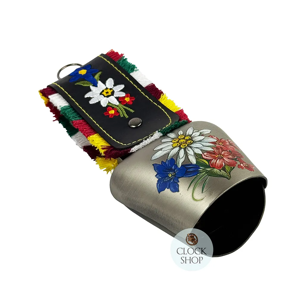 16.5cm Grey Cowbell With Painted Alpine Flowers & Fringed Black Leather Strap image