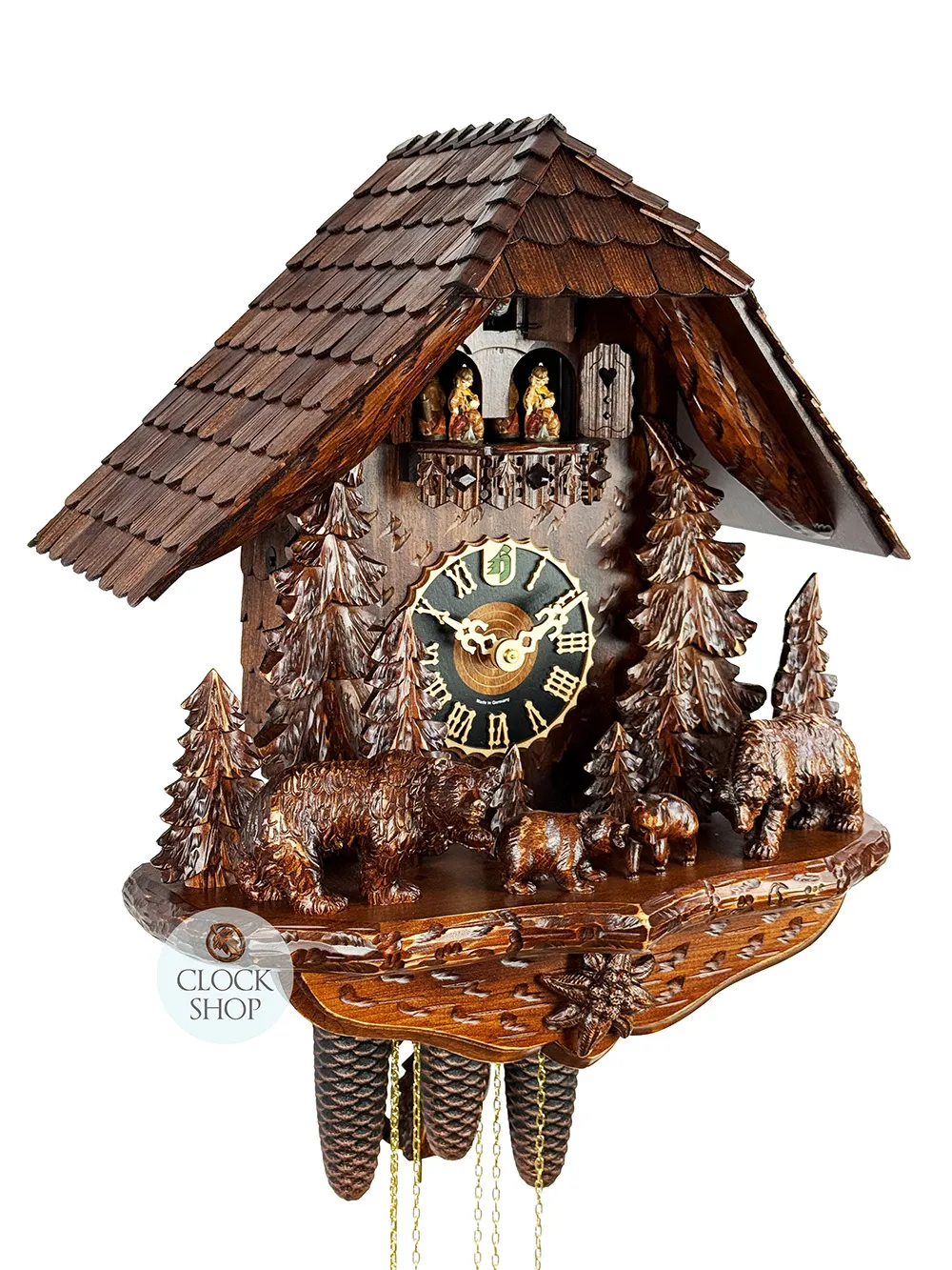 Bear Family In Forest 8 Day Mechanical Chalet Cuckoo Clock With Dancers 49cm By HÖNES image
