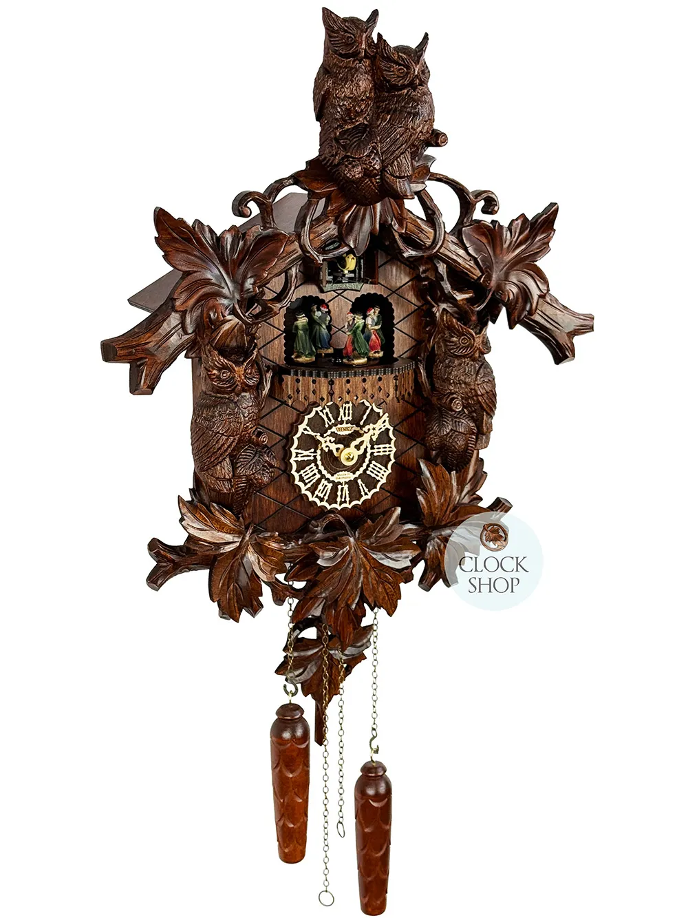 Owls Battery Carved Cuckoo Clock With Dancers 52cm By TRENKLE image