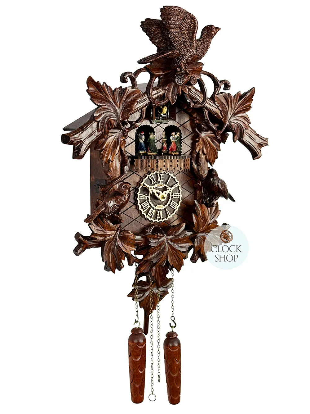 Detailed Birds & Leaves Battery Carved Cuckoo Clock With Dancers 49cm By TRENKLE image