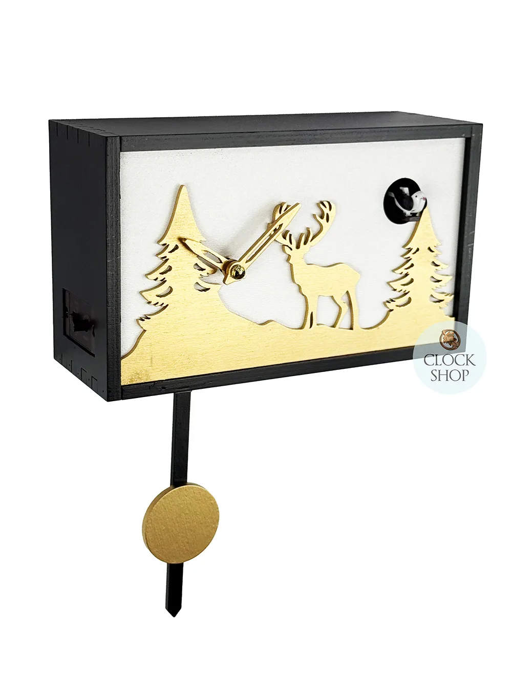 Black & Gold Modern Rectangular Battery Cuckoo Clock With Deer 14cm By TRENKLE image