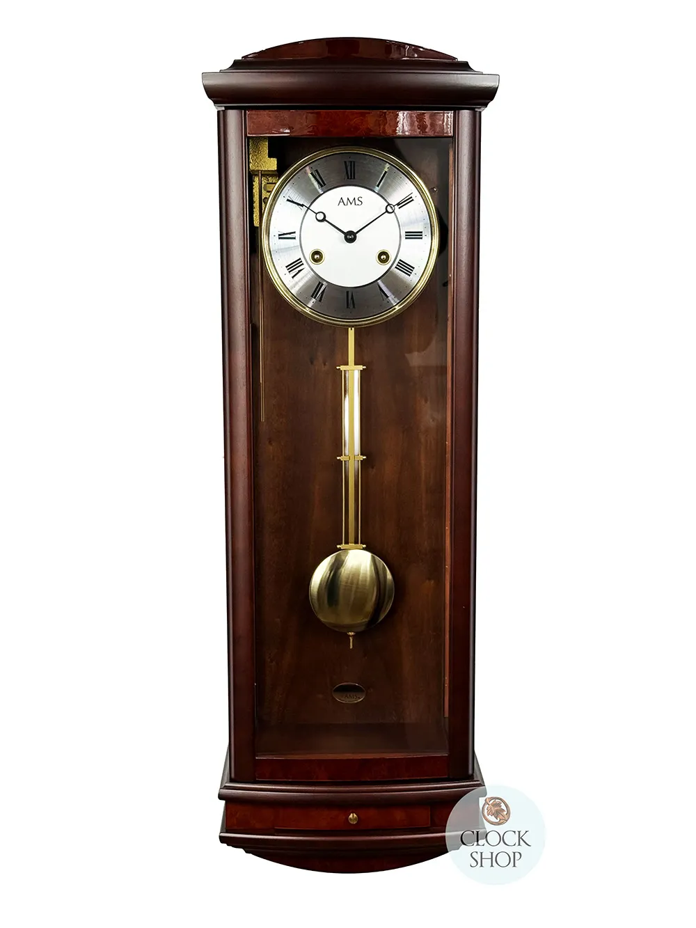 65cm Walnut 14 Day Mechanical Bim Bam Striking Wall Clock With Piano Finish & Draw By AMS image