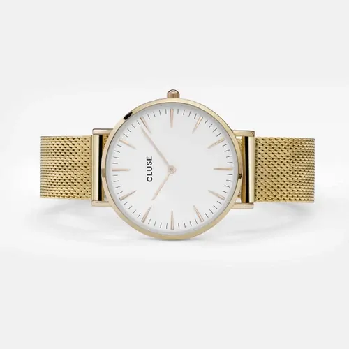 38mm Boho Chic Womens Quartz Watch With White Dial & Gold Plated Stainless Steel Mesh Band By CLUSE image