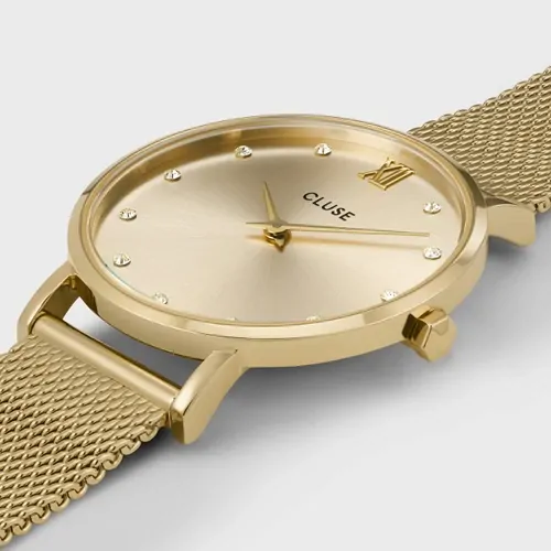 33mm Minuit Womens Quartz Watch With Gold Dial & Crystals & Stainless Steel Mesh Band By CLUSE image