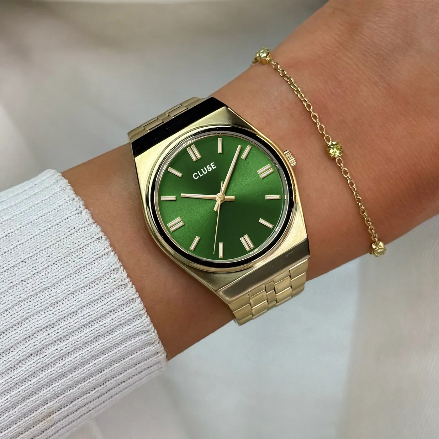 33mm Retro 70's Womens Quartz Watch With Green Dial & Gold Stainless Steel Link Band By CLUSE image