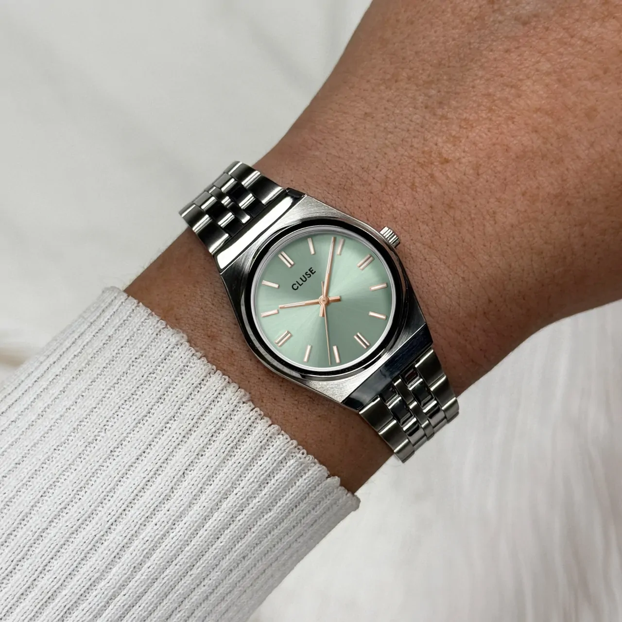 23mm Retro 70's Womens Quartz Watch With Sage Green Dial & Silver Stainless Steel Link Band By CLUSE image