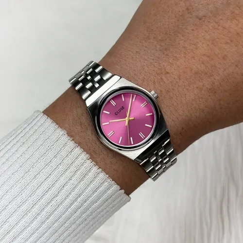 23mm Retro 70's Womens Quartz Watch With Fuchsia Pink Dial & Silver Stainless Steel Link Band By CLUSE image