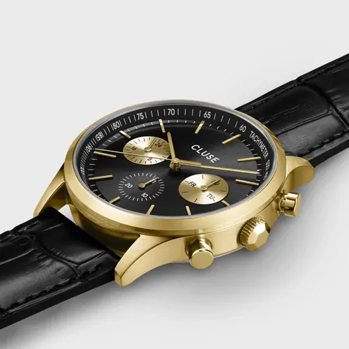 41mm Anthéor Multifunction Mens Quartz Watch With Black & Gold Dial & Black Leather Band By CLUSE image