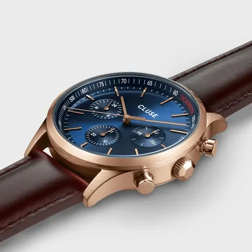 41mm Anthéor Multifunction Mens Quartz Watch With Blue & Rose Gold Dial & Brown Leather Band By CLUSE image