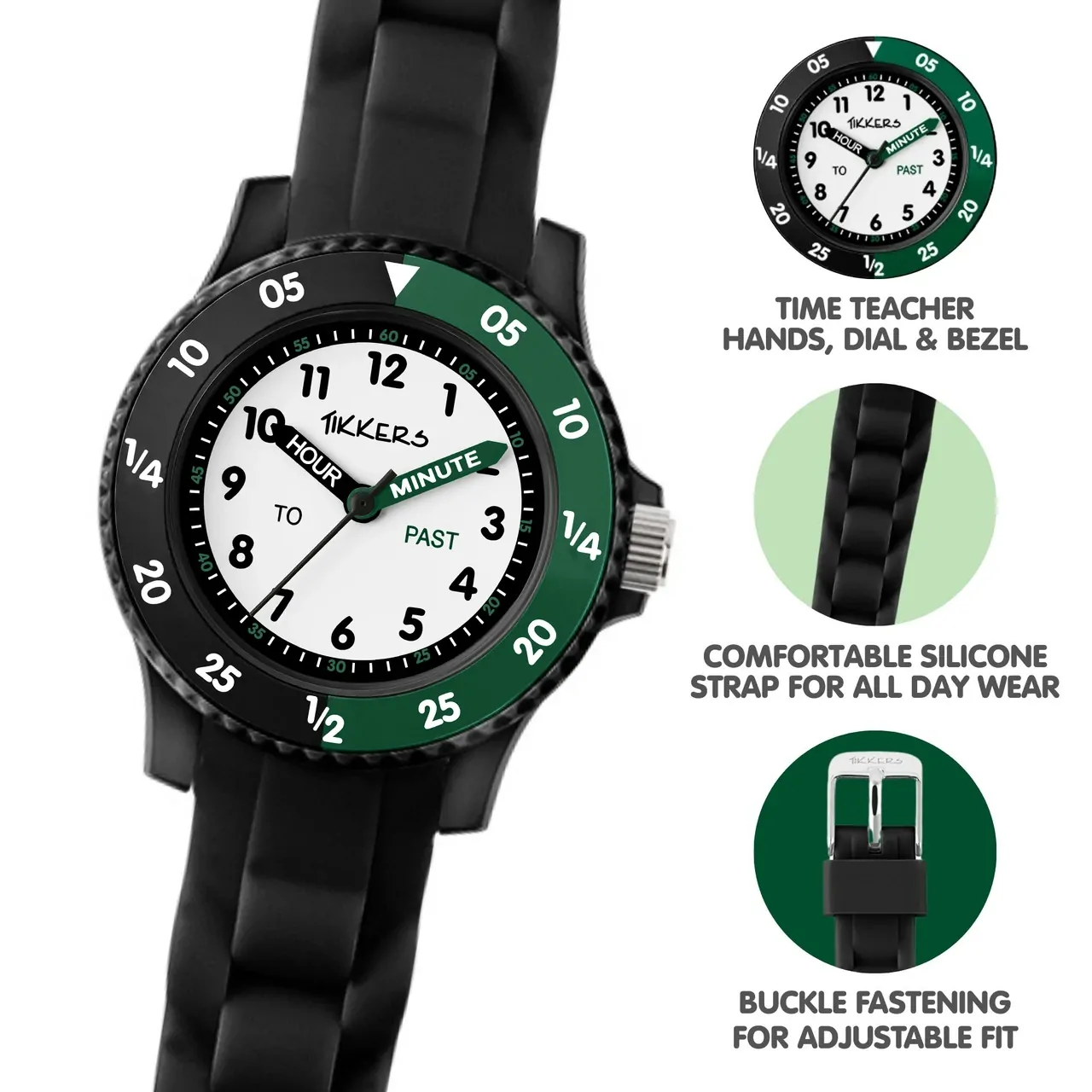 Time Teacher Black & Green Youth Quartz Watch With Silicone Strap By TIKKERS image