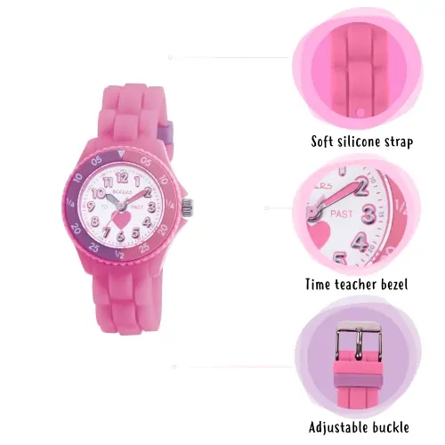Time Teacher Pink Youth Quartz Watch With Love Heart Dial & Silicone Strap By TIKKERS image