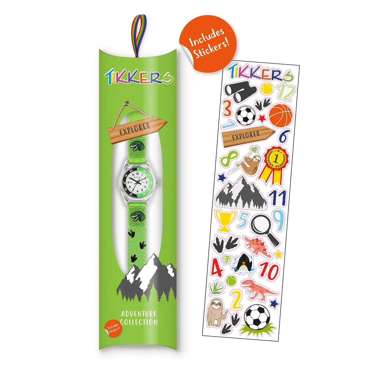 Time Teacher Green Youth Quartz Watch With Green Canvas Dinosaur Strap By TIKKERS image