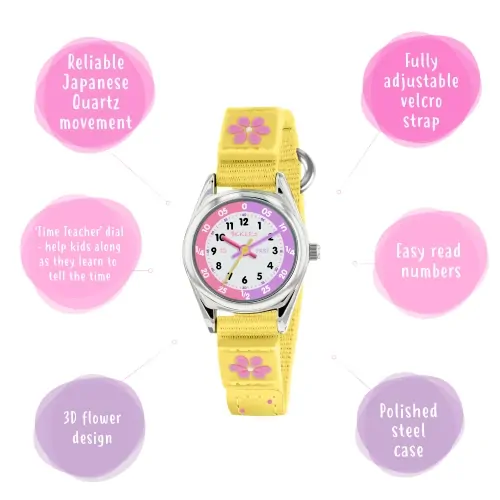 Time Teacher Yellow & Pink Youth Quartz Watch With Flower & Polka Dot Canvas Strap By TIKKERS image