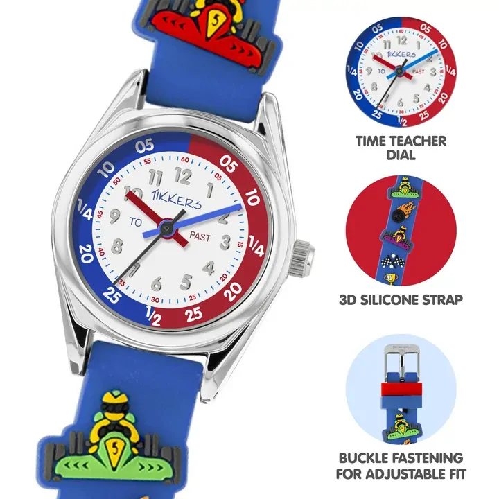 Time Teacher 3D Blue & Red Racing Car Kids Watch With Silicone Strap By TIKKERS image