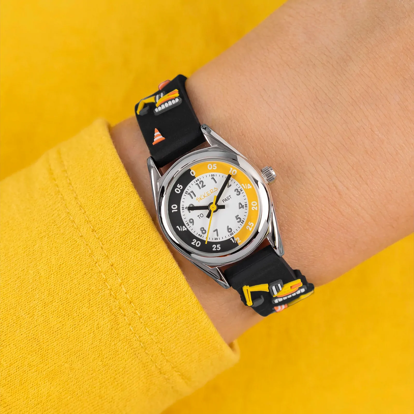 Time Teacher 3D Black & Yellow Diggers Kids Watch With Silicone Strap By TIKKERS image