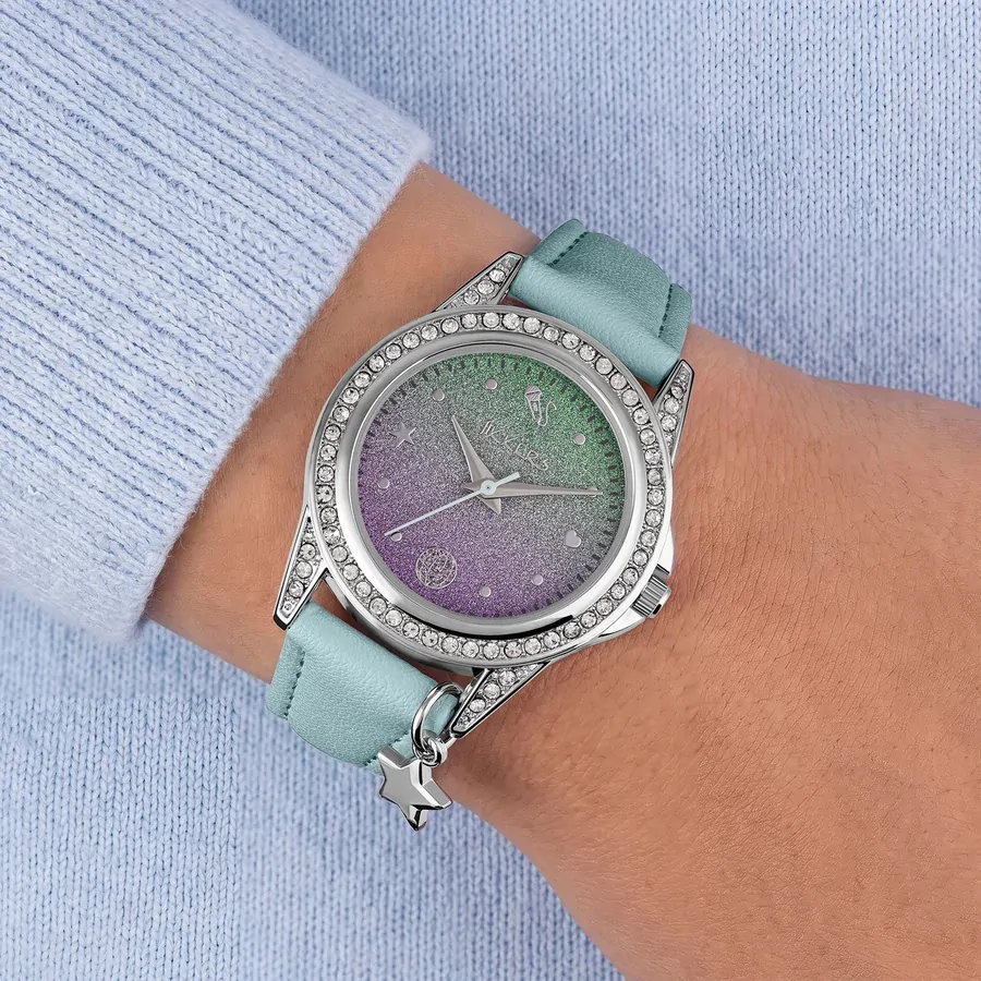 Fashion Kids Watch With Green & Purple Sparkle Dial & PU Aqua Strap By TIKKERS image