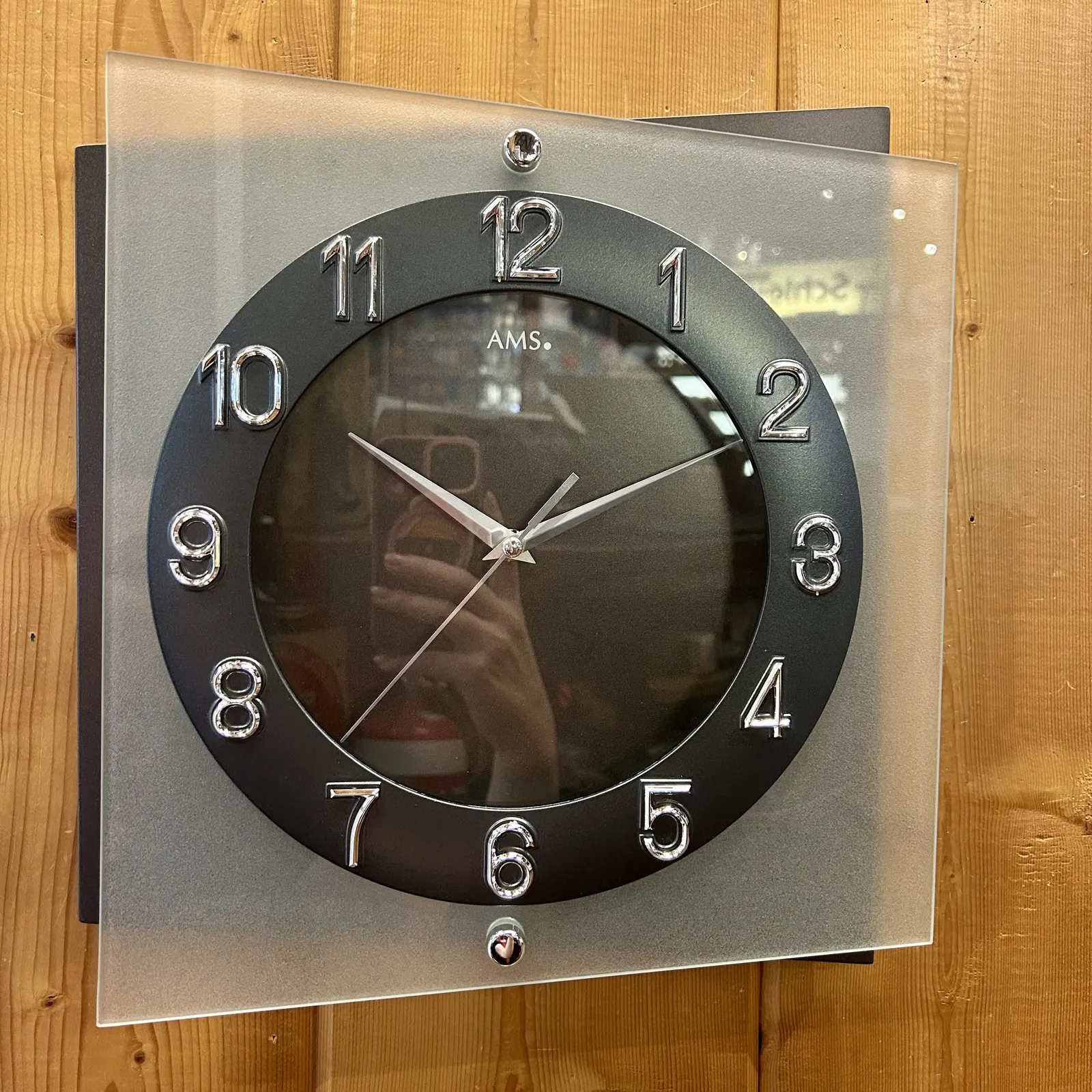 31cm Grey & Silver Silent Square Wall Clock By AMS (Dimpled Background) image