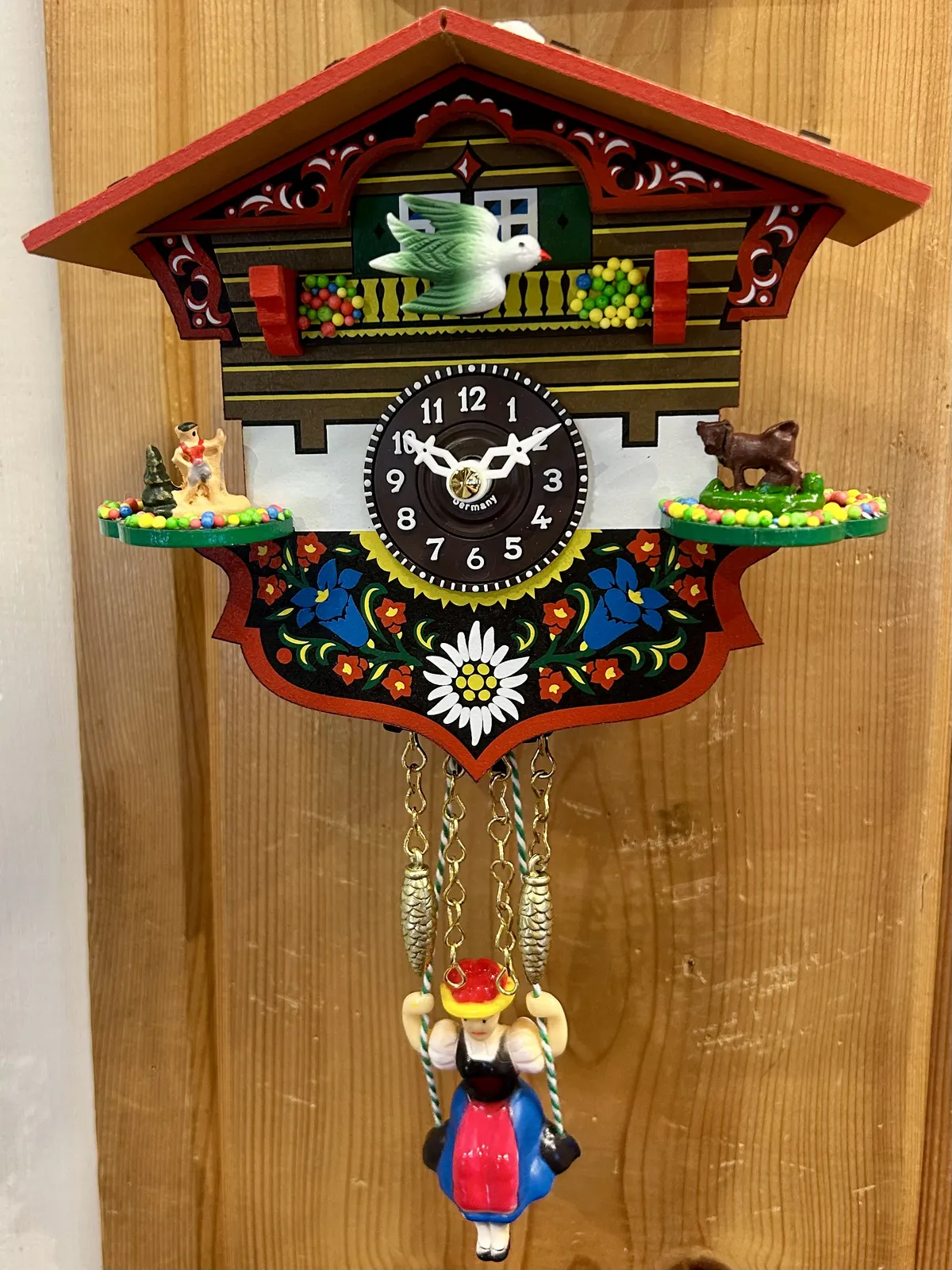 Swiss House Battery Chalet Clock With Swinging Doll 14cm By TRENKLE (Green Bird) image