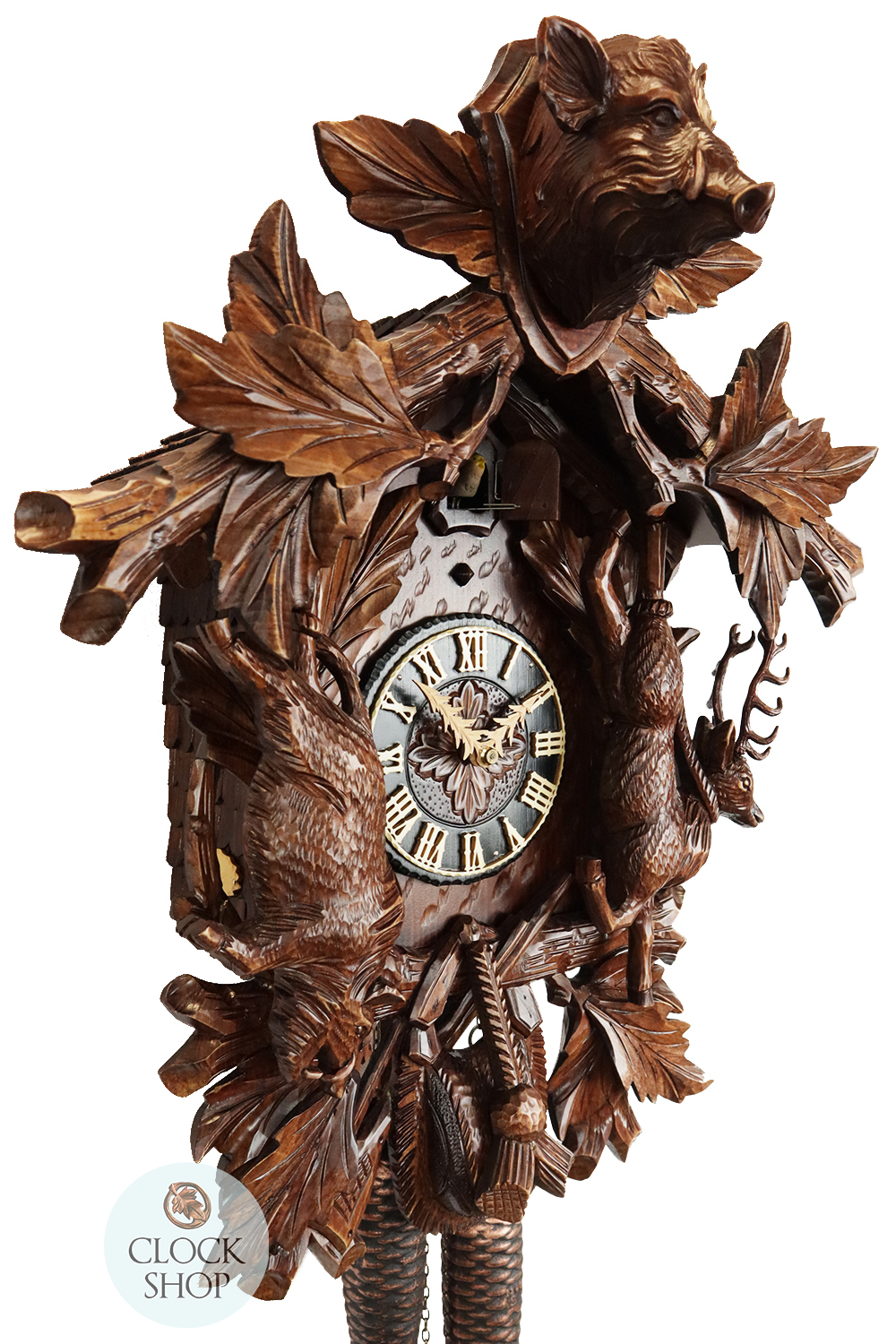 Hunting Scene With Boar Head 8 Day Mechanical Carved Cuckoo Clock 51cm By GERHARD SCHMIEDER image
