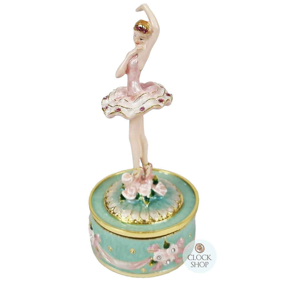 ENAMEL BALLERINA MUSIC BOX FIGURINE PINK WITH GREEN BASE TUNE SWAN LAKE
