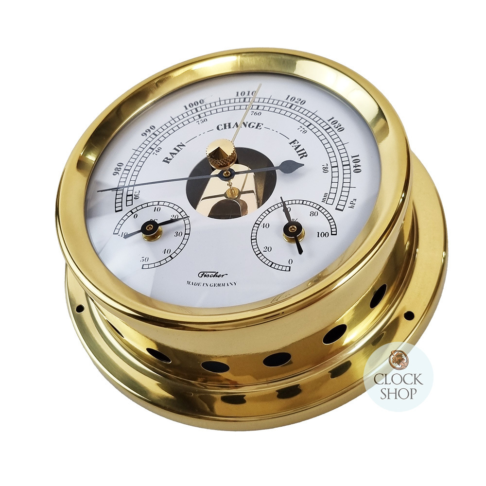 12.5cm Polished Brass Barometer With Thermometer & Hygrometer By FISCHER (Loose Arm) image