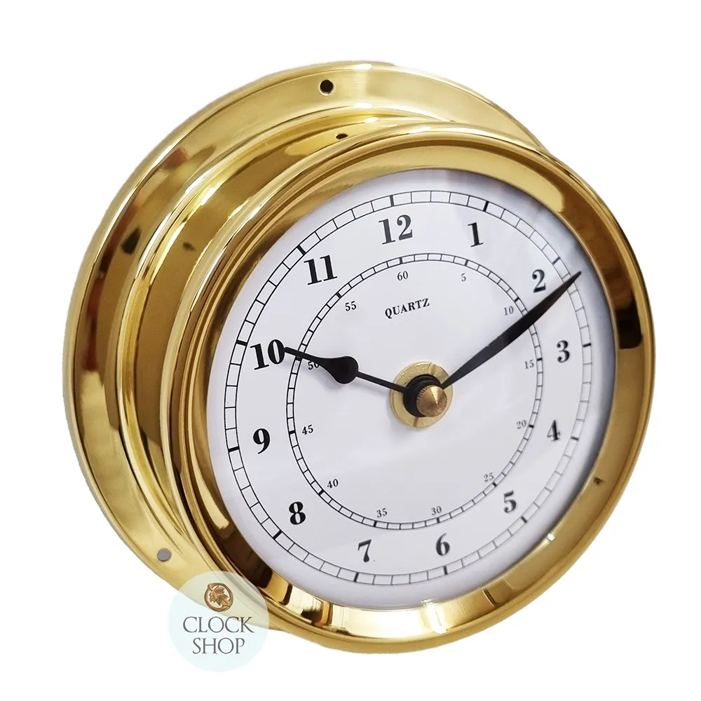 12.5cm Polished Brass Nautical Quartz Clock By FISCHER (Almost Perfect) image