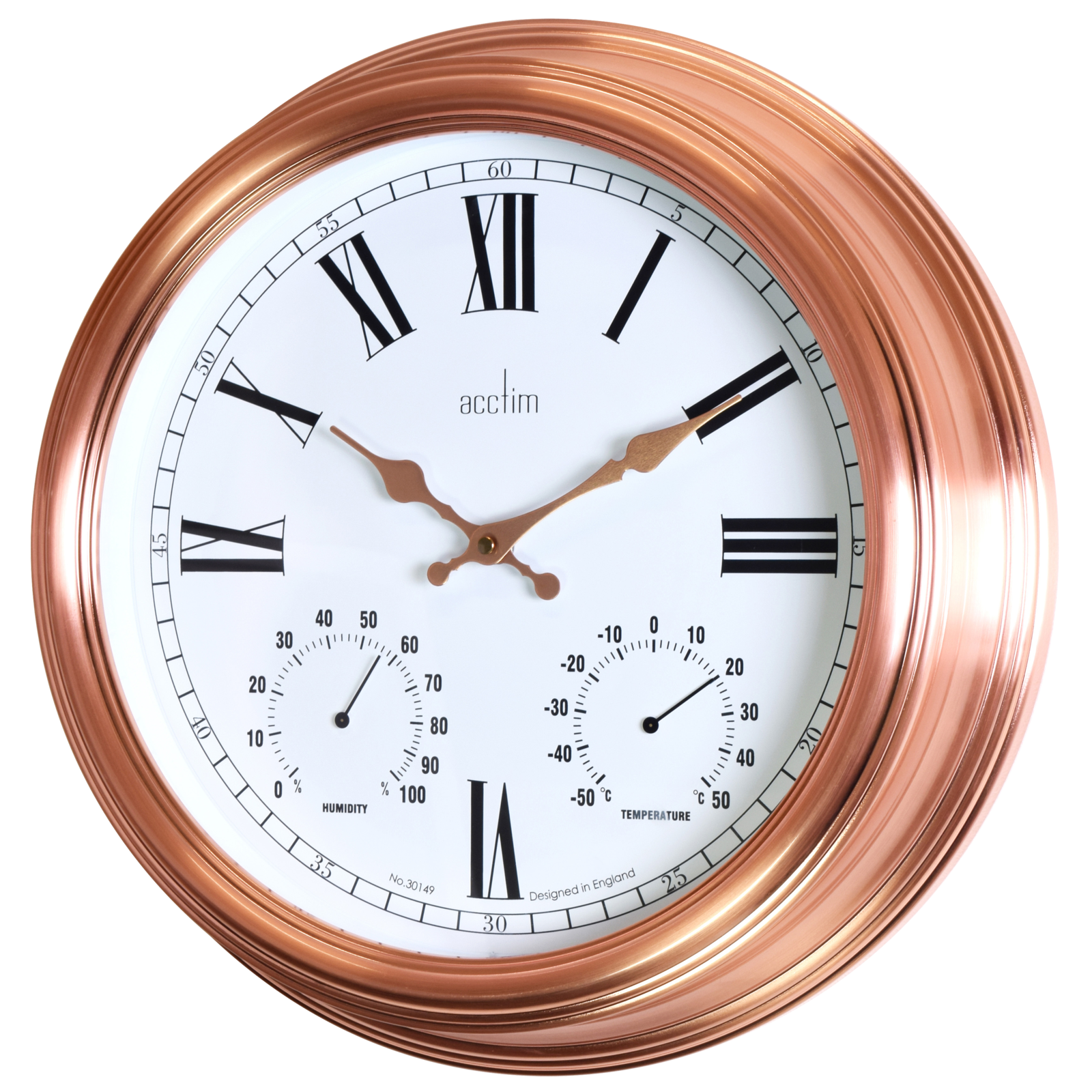 GRASMOR INDOOR / OUTDOOR COPPER WALL CLOCK WITH WEATHER DIALS 42CM BY