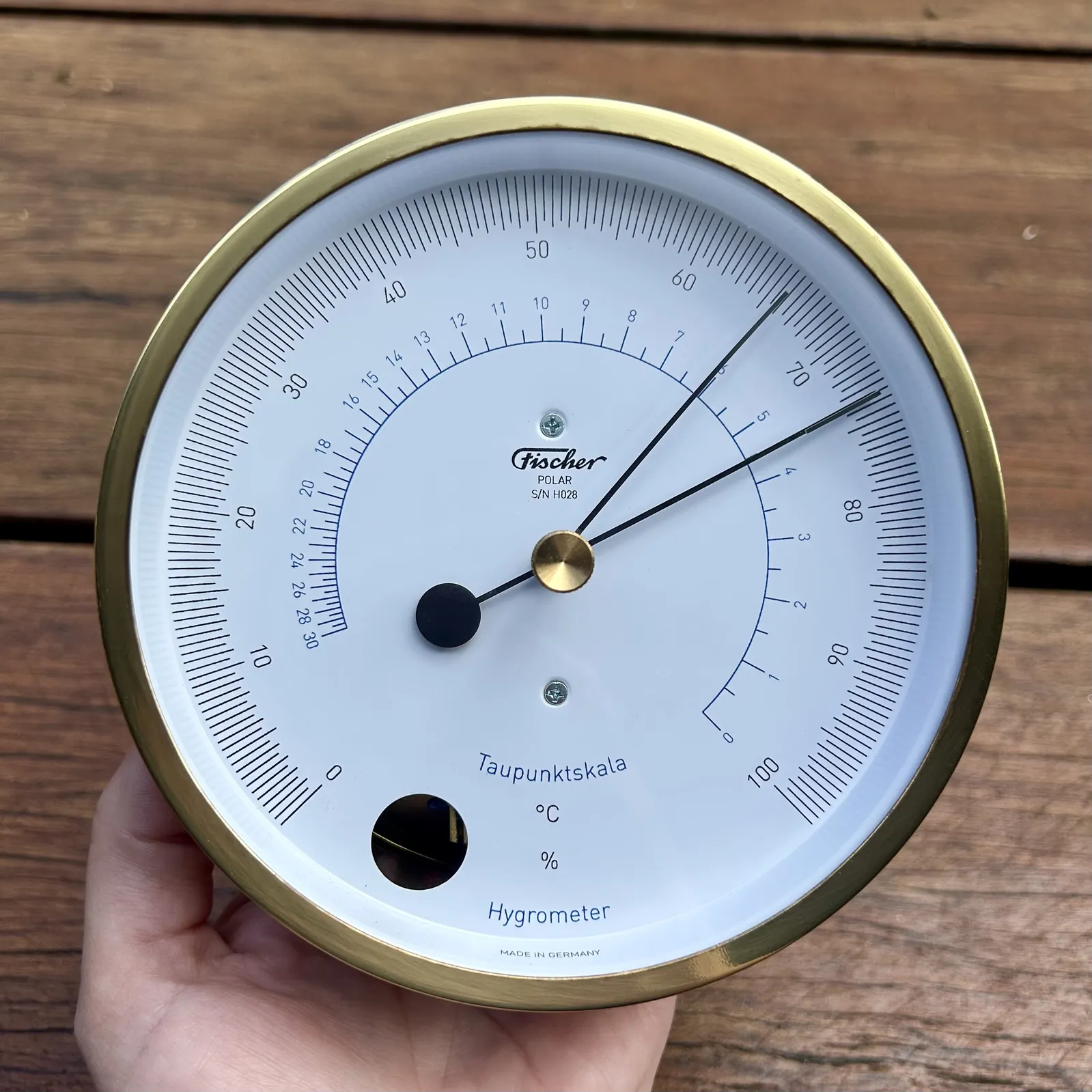 13cm Polished Brass Polar Series Hair Hygrometer By FISCHER (Marked Bezel) image