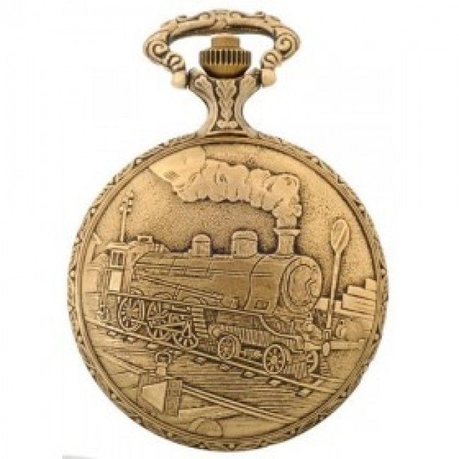 48mm Gold Plated Pocket Watch With Steam Train By CLASSIQUE (Roman) image