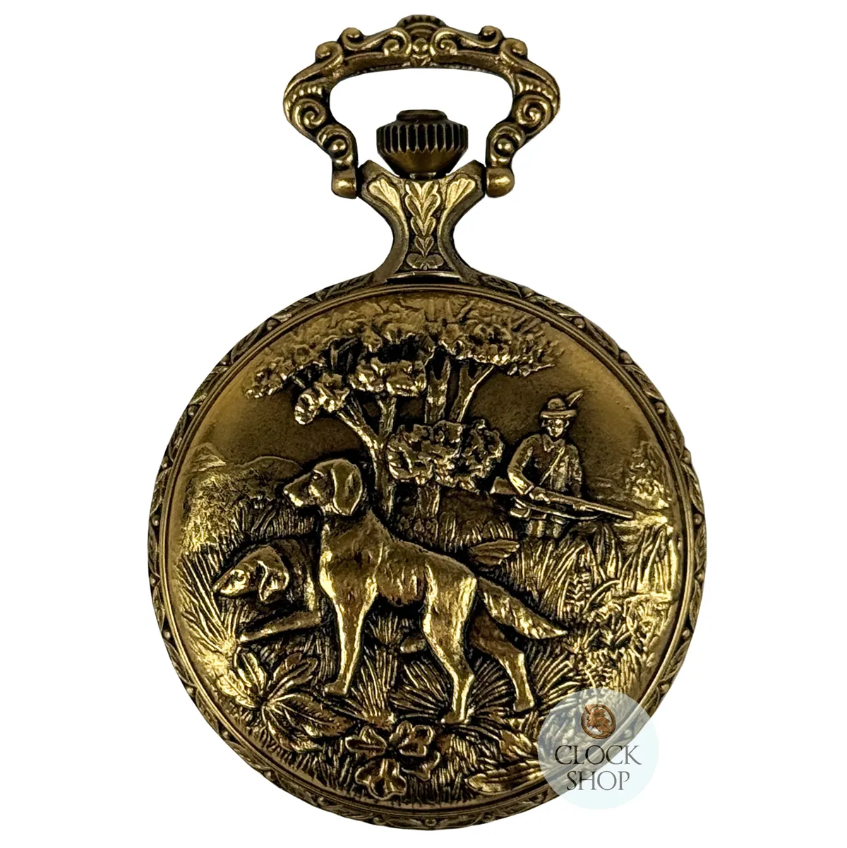 48mm Gold Mens Pocket Watch With Deer & Hunting Dogs By CLASSIQUE (Roman) image