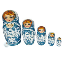 Floral Russian Dolls- Blue & White Matte Finish 16cm (Set Of 5) image