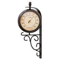 38cm Two-Sided Wrought Iron Wall Clock & Thermometer By AMS image