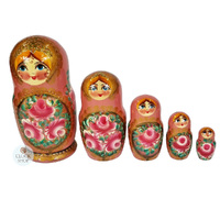 Floral Russian Dolls- Pink & Gold 16cm (Set Of 5) image