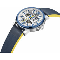 44mm Blue & Silver Automatic Mens Watch With Skeleton Dial & Blue & Yellow Leather Band By KENNETH COLE image