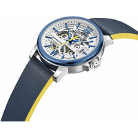 Silver Automatic Skeleton Watch with Blue & Yellow Leather Band By KENNETH COLE image