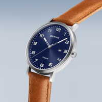40mm Titanium Collection Mens Watch With Blue Dial & Tan Leather Strap & Silver Case By BERING image