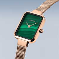 35mm Classic Collection Womens Watch With Green Malachite Dial, Rose Gold Milanese Strap & Case By BERING image