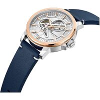 44mm Silver & Rose Gold Automatic Mens Watch With Skeleton Dial & Blue Leather Band By KENNETH COLE image