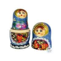 Floral Russian Dolls- Blue Scarf With Strawberries & Pearl Crown 18cm (Set Of 5) image