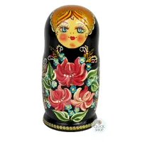Floral Russian Dolls- Black Scarf With Pink Flowers 18cm (Set Of 5) image