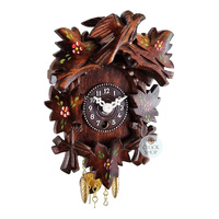 5 Leaf & Bird Mechanical Carved Clock With Painted Flowers 14cm By TRENKLE image