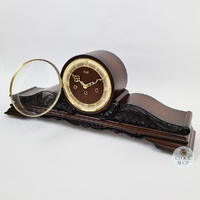 27cm Walnut 1930s Antique Look Mechanical Tambour Mantel Clock With Westminster Chime & Detailed Carvings By AMS  image