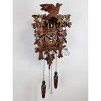 5 Leaf & Bird With Blue & White Flowers Battery Carved Cuckoo Clock 35cm By TRENKLE image