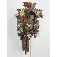 5 Leaf & Bird with Blue & White Flowers 1 Day Mechanical Carved Cuckoo Clock 22cm By ENGSTLER image